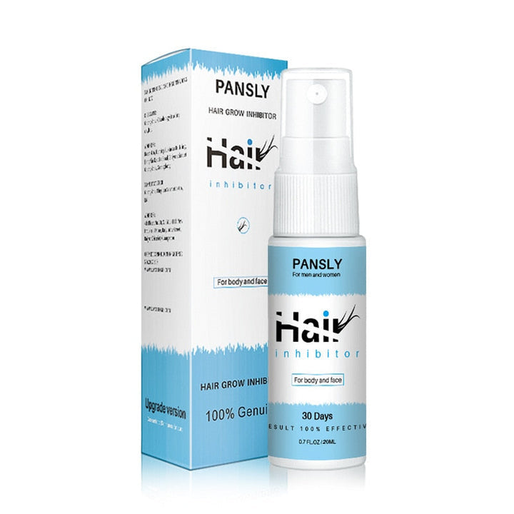 Unisex hair growth inhibitor spray for smooth skin, white bottle with green label, beauty product on a plain background.