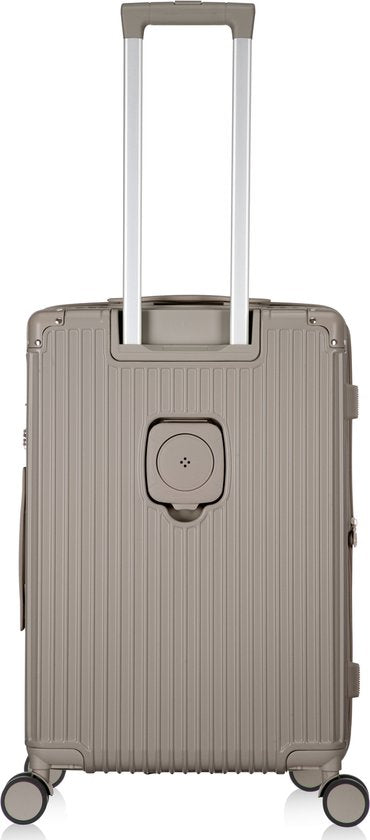 Unisex spinner travel bag with built-in USB charging and a convenient cup holder.