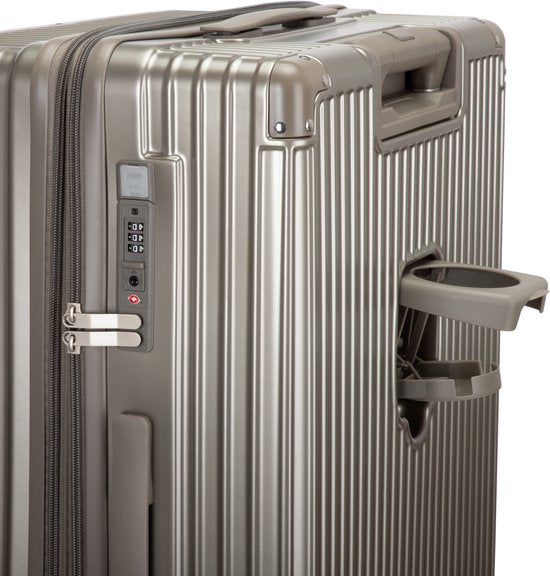 Smooth spinner luggage featuring a cup holder and an easily accessible USB charging port.