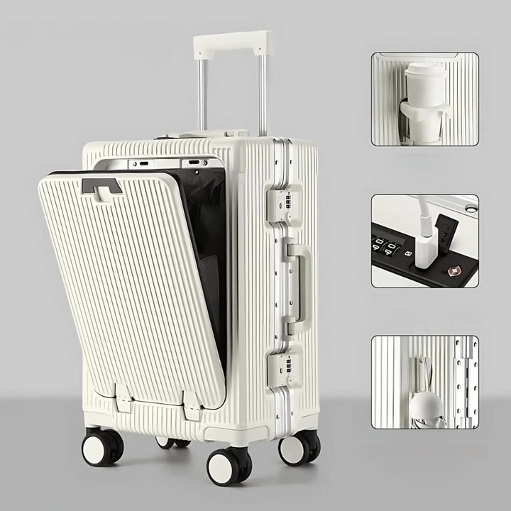 Manhattan Pro carry-on suitcase, robust hardshell, with front pocket access & silent spinner wheels.