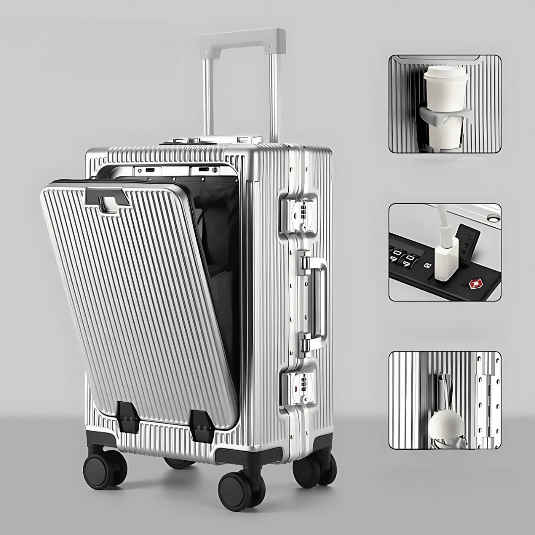 Travel-ready Manhattan Pro hardshell carry-on, USB charging, secure lock, for modern travelers.