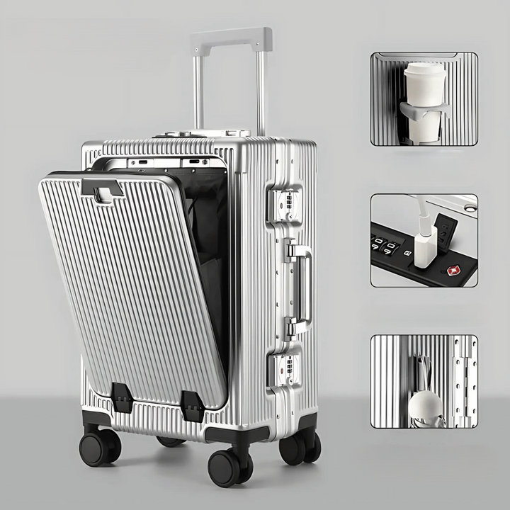 Travel-ready Manhattan Pro hardshell carry-on, USB charging, secure lock, for modern travelers.