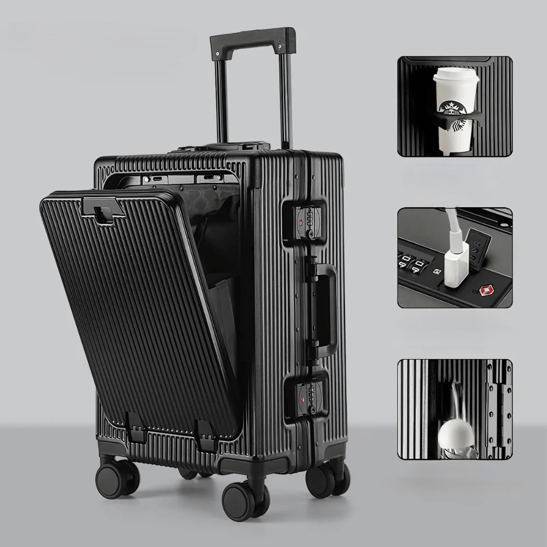 Business-ready Manhattan Pro hardshell carry-on luggage, secure lock, USB port & front pocket.
