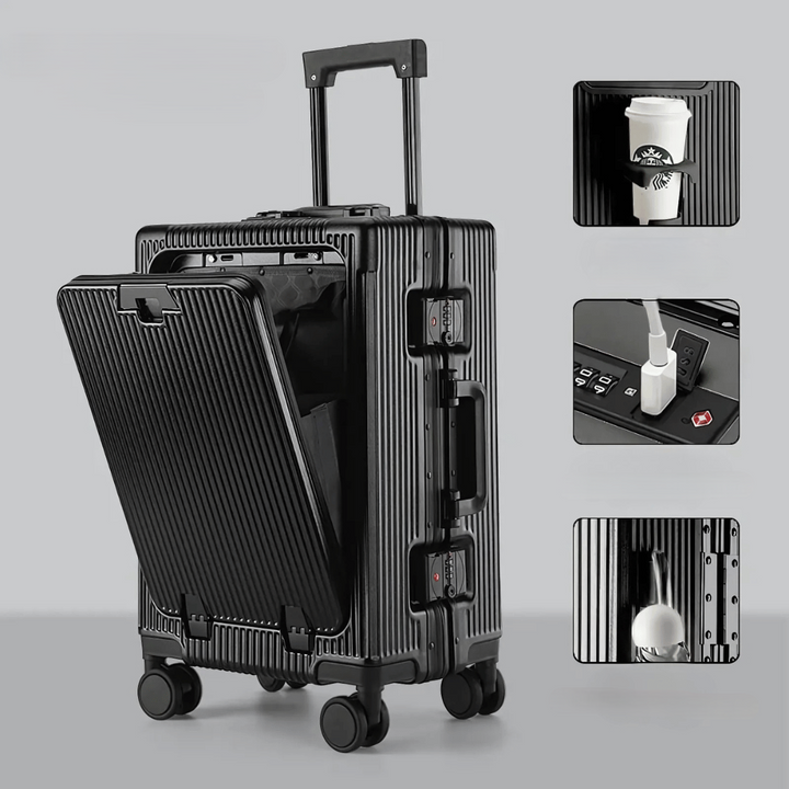 Business-ready Manhattan Pro hardshell carry-on luggage, secure lock, USB port & front pocket.
