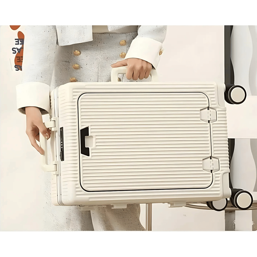 Durable Manhattan Pro hardshell carry-on with quiet spinner wheels & easy-access front pocket.