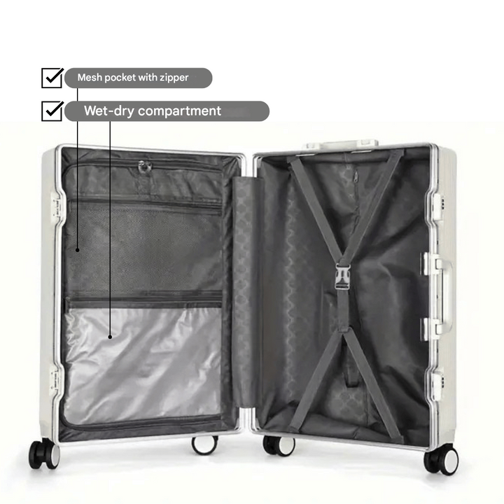 Modern unisex carry-on suitcase, Manhattan Pro, featuring secure lock & smooth spinner wheels.