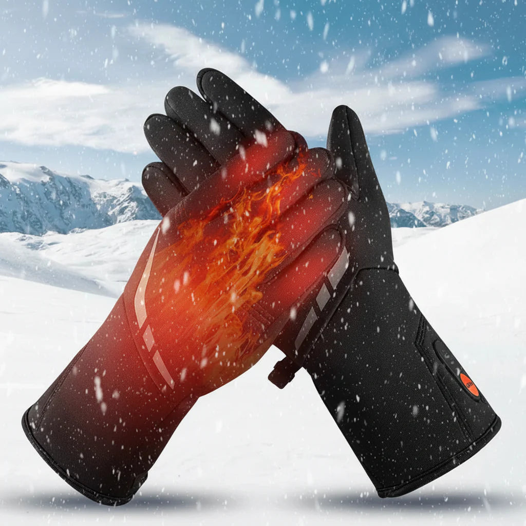 Battery powered heated cycling gloves for cold weather. Unisex design with flexible warmth & grip.