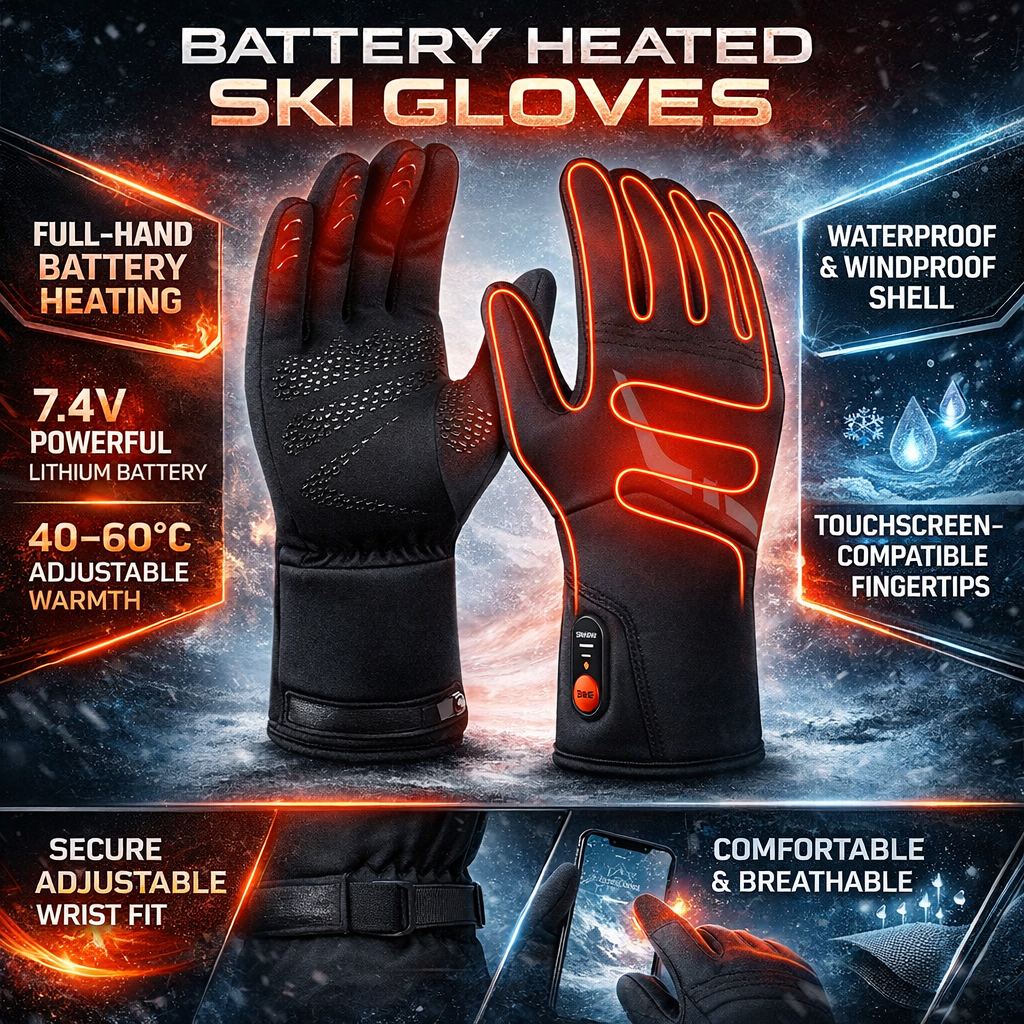Waterproof heated gloves for extreme cold. Unisex design, touchscreen friendly, ideal for winter sports.