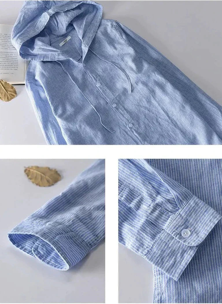 Unisex hooded shirt in lightweight fabric, showcasing breathable material and casual design with versatile unisex fit.