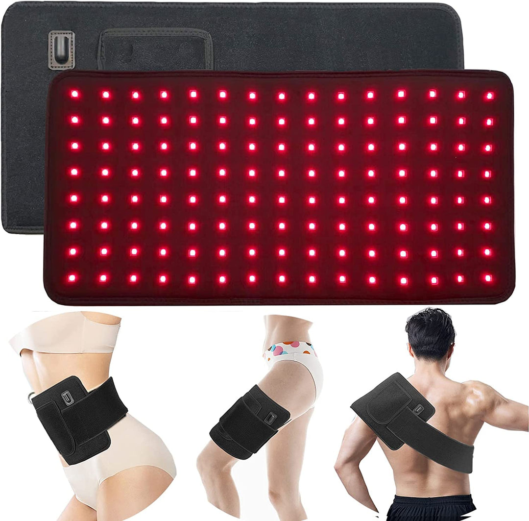 "Unisex infrared light therapy belt for pain relief, featuring dual wavelengths, wraps comfortably around back, waist, limbs.