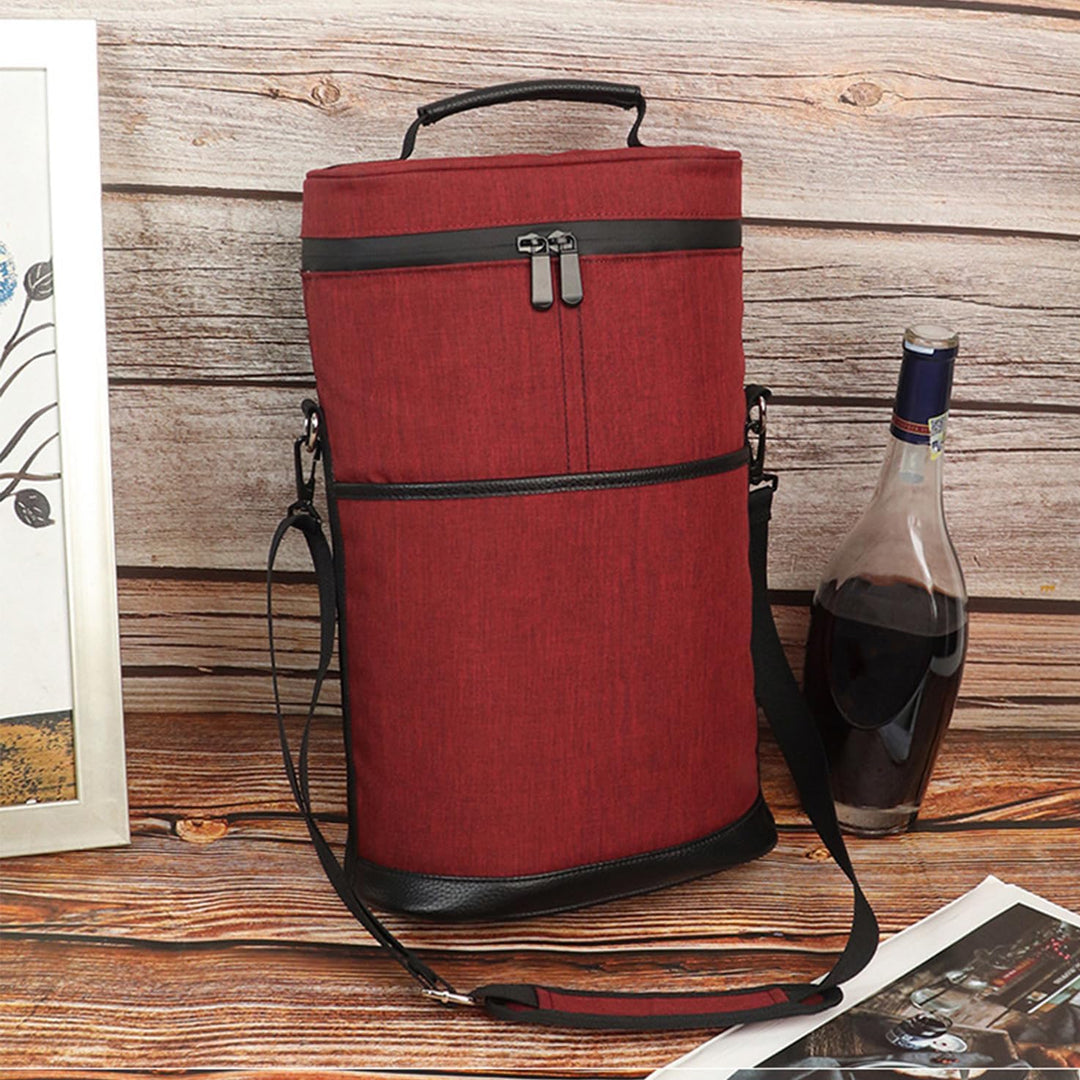 Unisex insulated 2-bottle wine cooler tote bag for picnics, travel & outdoor dining with adjustable strap.