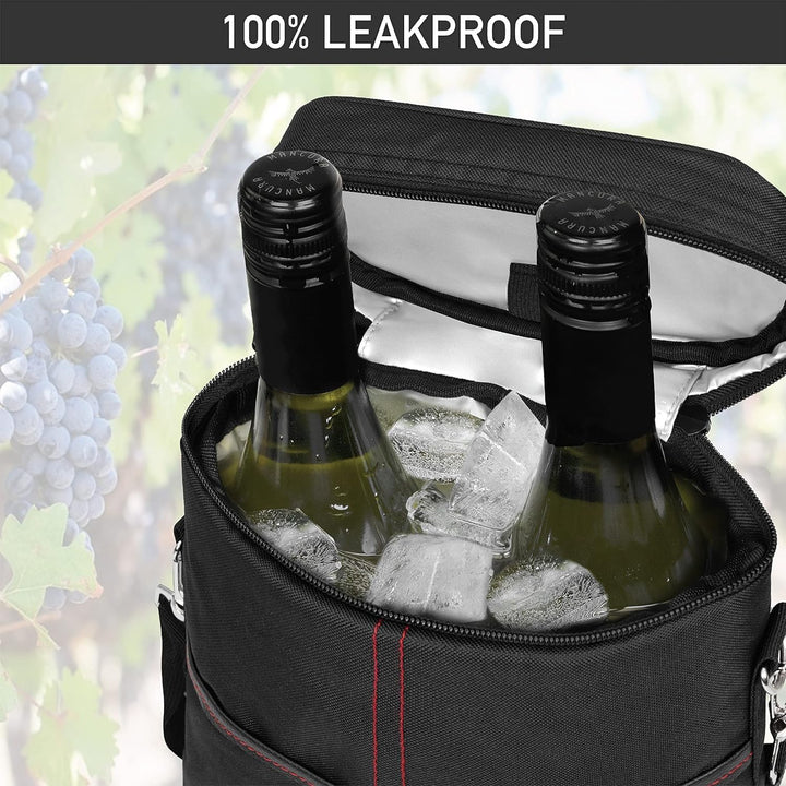 Ergonomic insulated two-bottle wine cooler tote, with sturdy handle and adjustable shoulder strap.