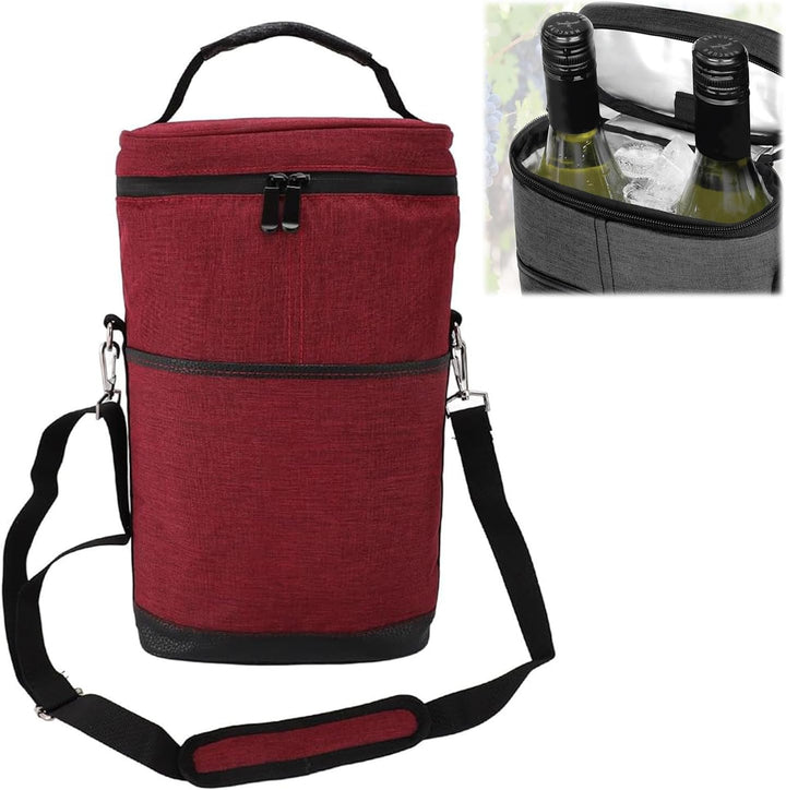 Insulated wine tote bag with adjustable strap, keeps two bottles chilled for parties & events.