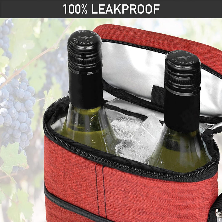 Stylish insulated wine tote for two bottles, with comfortable adjustable strap.