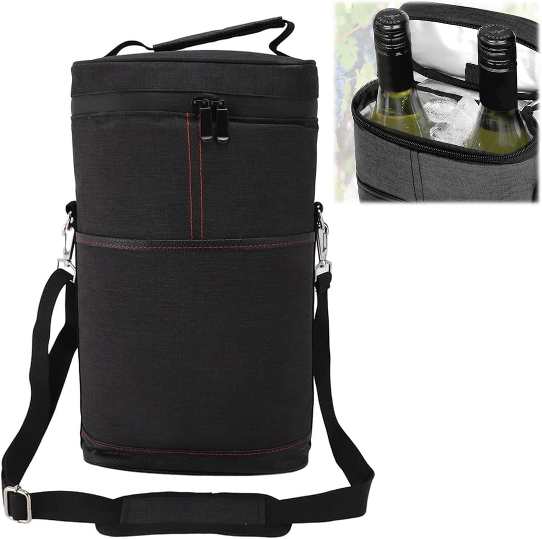 Keep your wine cool on the go with this insulated 2-bottle cooler bag & adjustable shoulder strap.