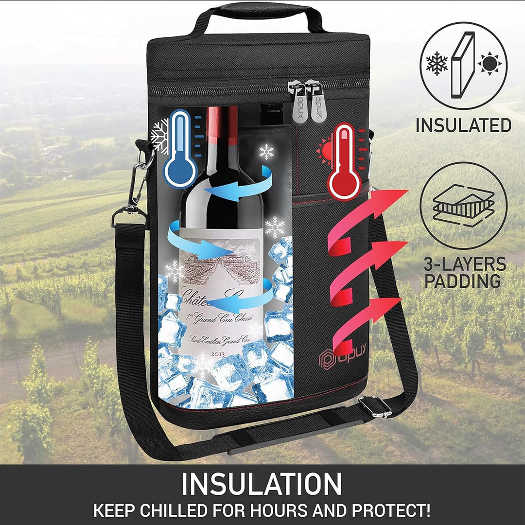 Premium insulated 2-bottle wine tote bag, perfect gift for wine lovers and adventurers.