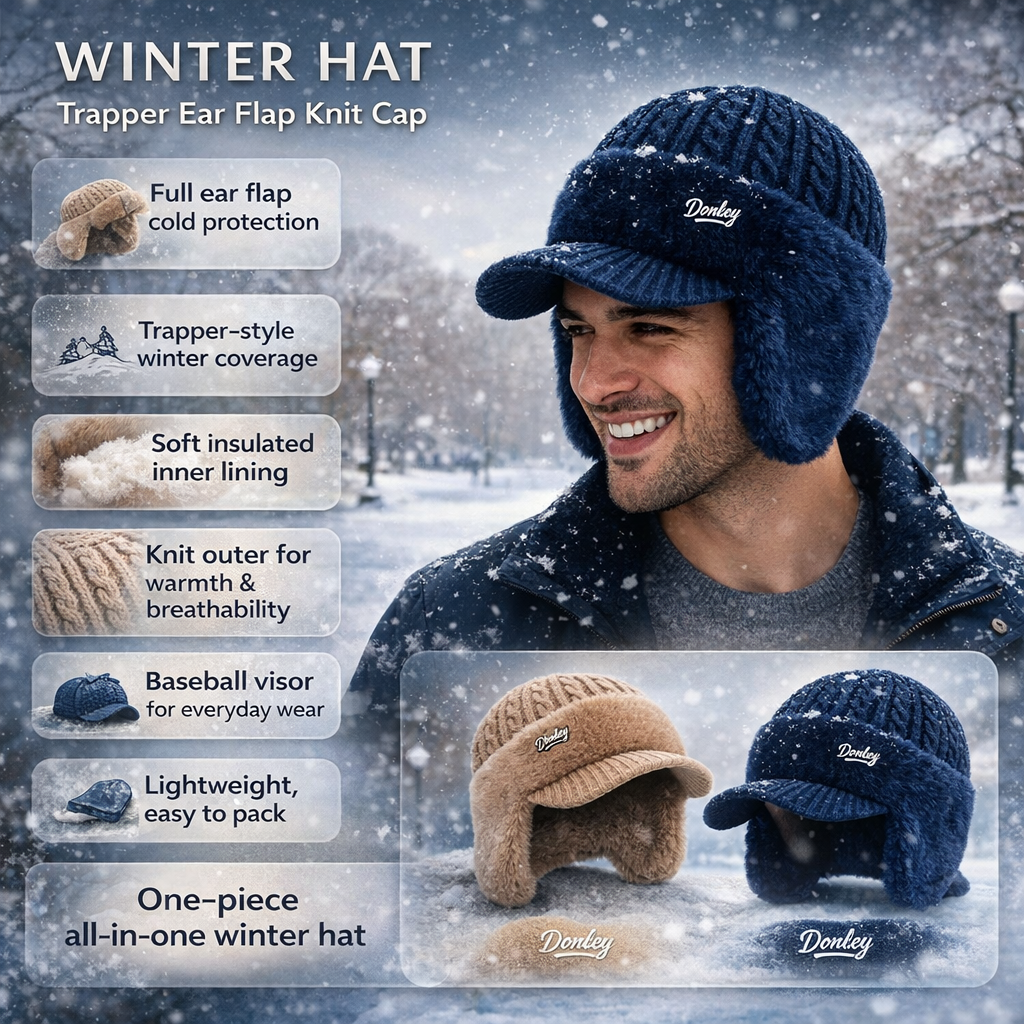 Warm knit ear flap cap, unisex trapper style beanie, essential for extreme cold weather.