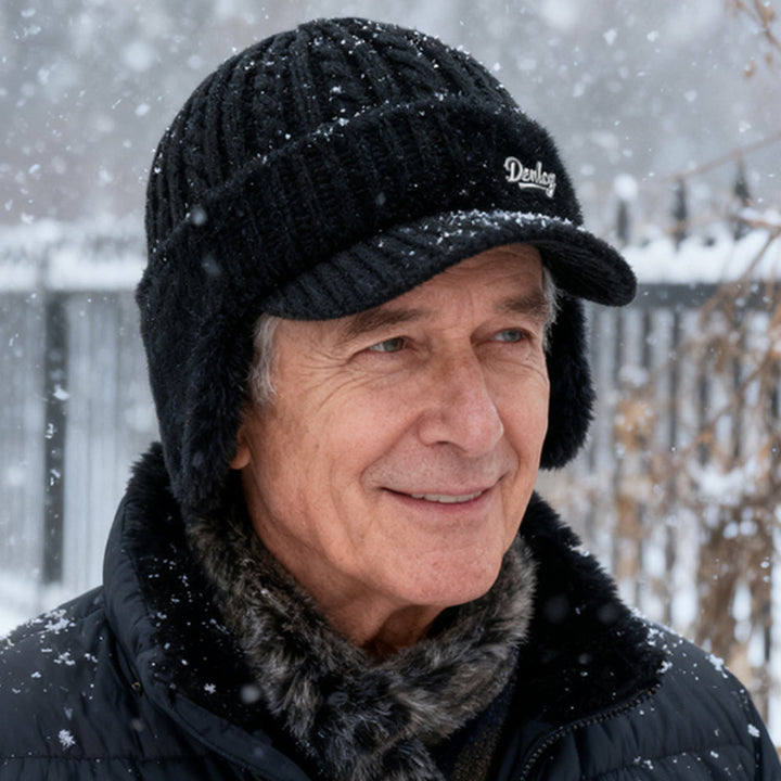Unisex trapper hat, knit fabric, with adjustable chin strap & ear flaps for winter.