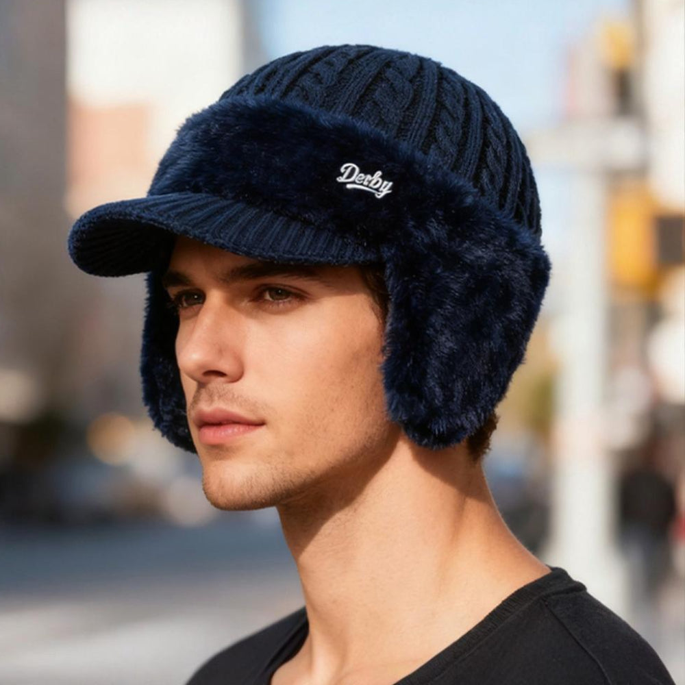 Classic unisex winter trapper hat, knit beanie, offering excellent warmth & ear protection.