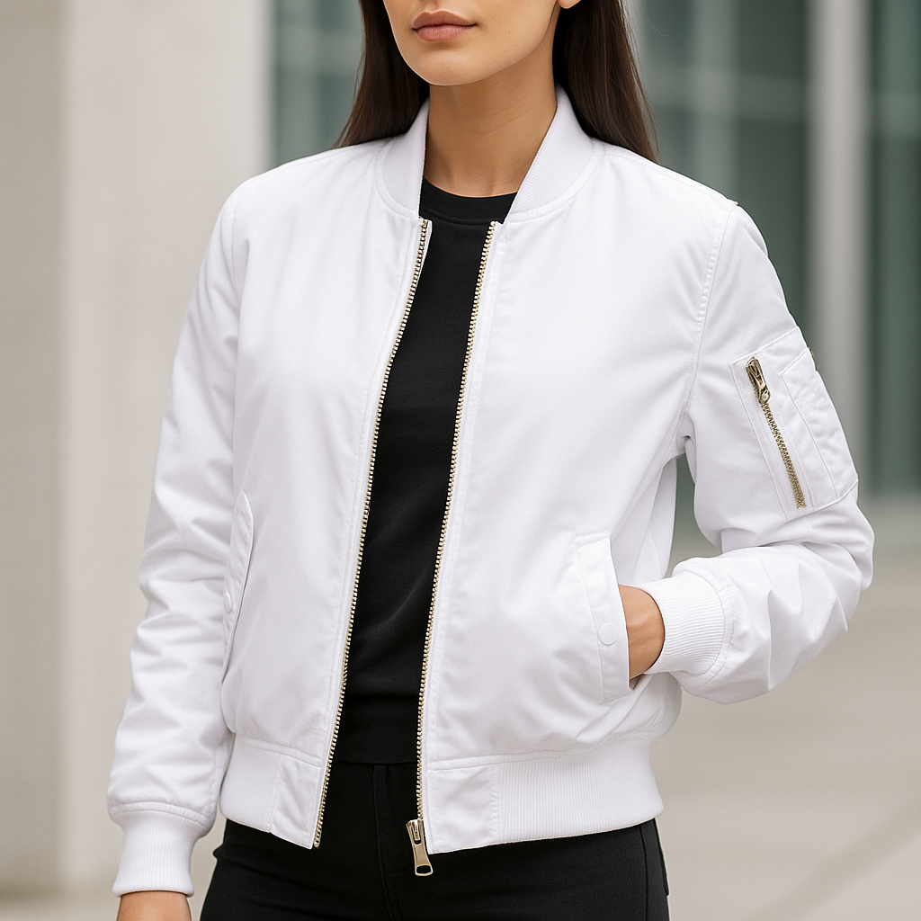 Fashionable lightweight bomber jacket with ribbed cuffs & collar, an essential unisex piece for transitional weather.