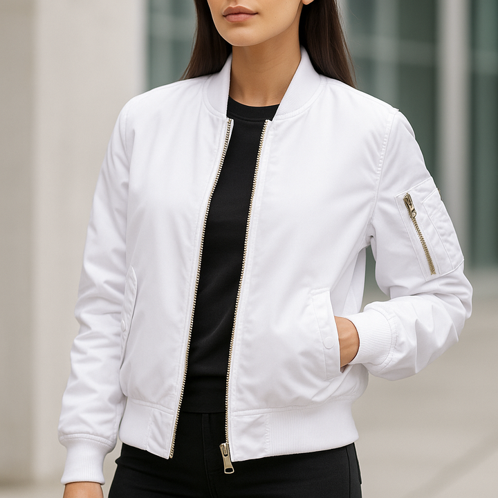 Fashionable lightweight bomber jacket with ribbed cuffs & collar, an essential unisex piece for transitional weather.
