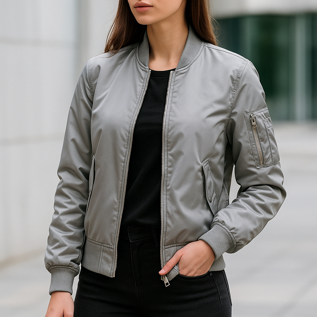 Close-up of the MA-1 bomber jacket's durable zipper & utility pocket, highlighting iconic streetwear details.