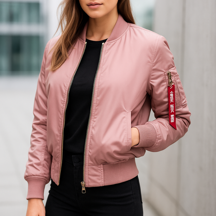 Back view of the unisex MA-1 bomber jacket, showcasing its clean lines & comfortable lightweight design for all.