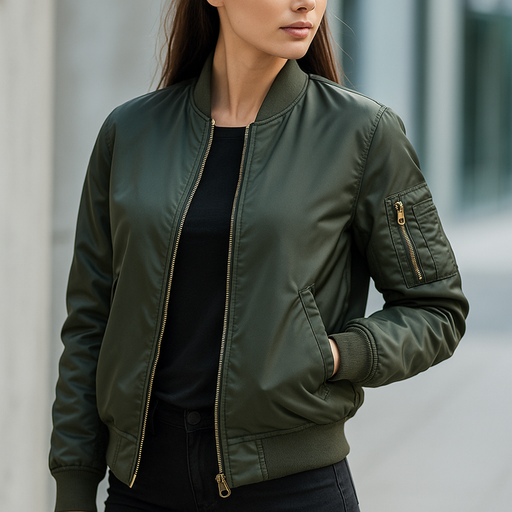 Unisex MA-1 bomber jacket modeled for a relaxed fit, demonstrating its casual appeal & comfort for any occasion.