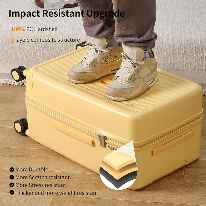 Vacation essential: lightweight spinner wheel suitcase, spacious and easy to maneuver.