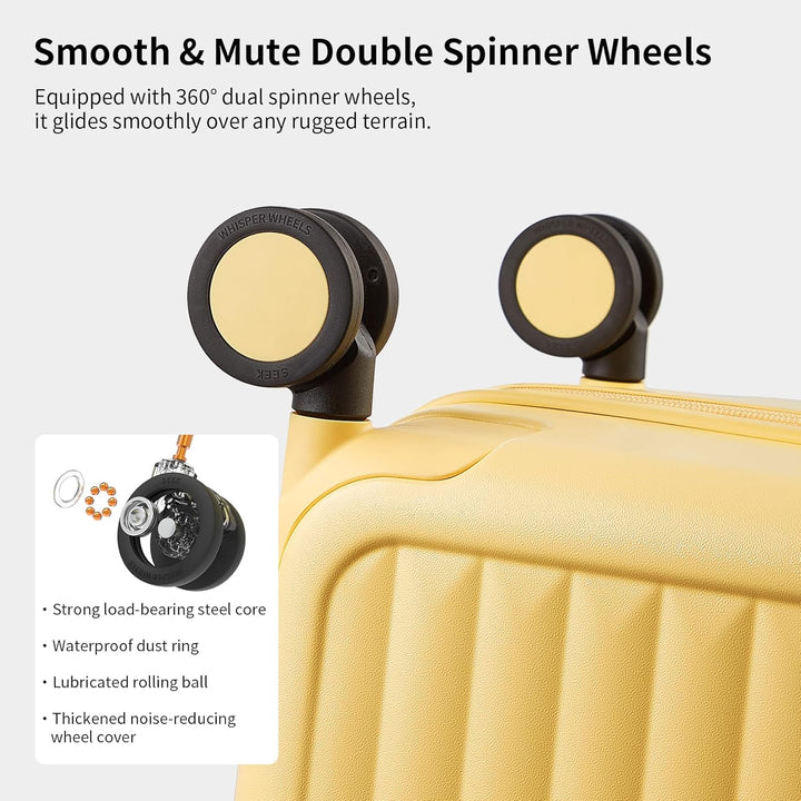 Lightweight travel luggage, spacious interior, with multi-directional spinner wheels for easy mobility.