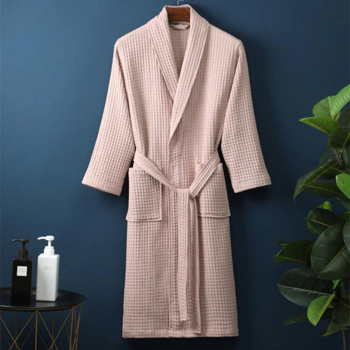 Unisex lightweight waffle terry cotton bathrobe for spa, home, or couples loungewear.