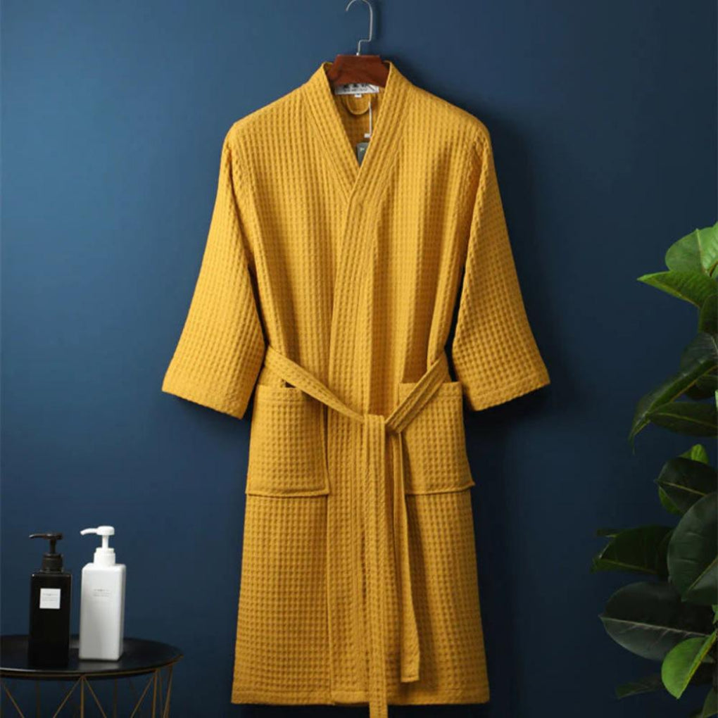 Soft waffle terry cotton robe, perfect lightweight loungewear for spring and summer relaxation at home.