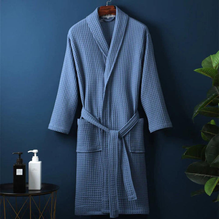 Matching unisex waffle terry bathrobes, ideal lightweight cotton loungewear for couples' spa and home comfort.