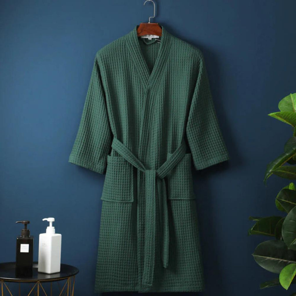 Lightweight waffle terry cotton bathrobe, a comfy unisex robe for relaxation, spa, and everyday home loungewear.