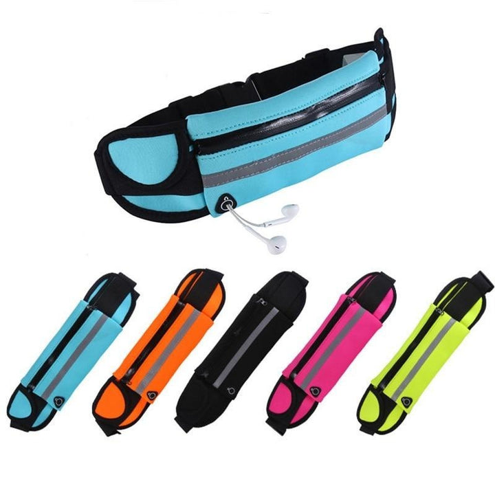 Runner wearing a black lightweight waterproof fitness waist pack with adjustable belt for secure phone storage.