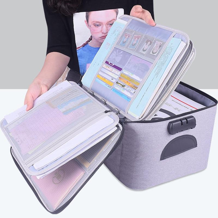 Unisex lockable waterproof document storage case; multi-layer travel organiser for valuables & files.