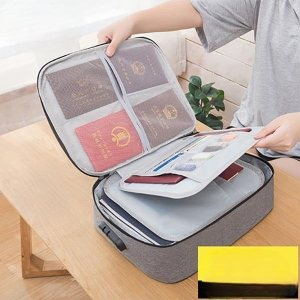 Lockable waterproof document storage case; multi-layer file holder for travel or home office organization.