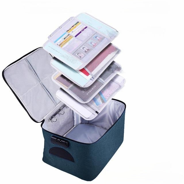 Compact lockable waterproof document case, a multi-layer travel organizer protecting passports and valuables.