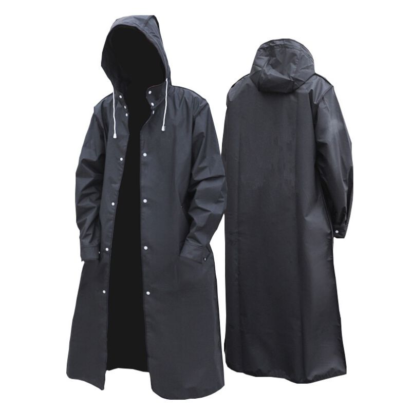 Stylish unisex long raincoat, waterproof & windproof for outdoor adventures & weather protection.