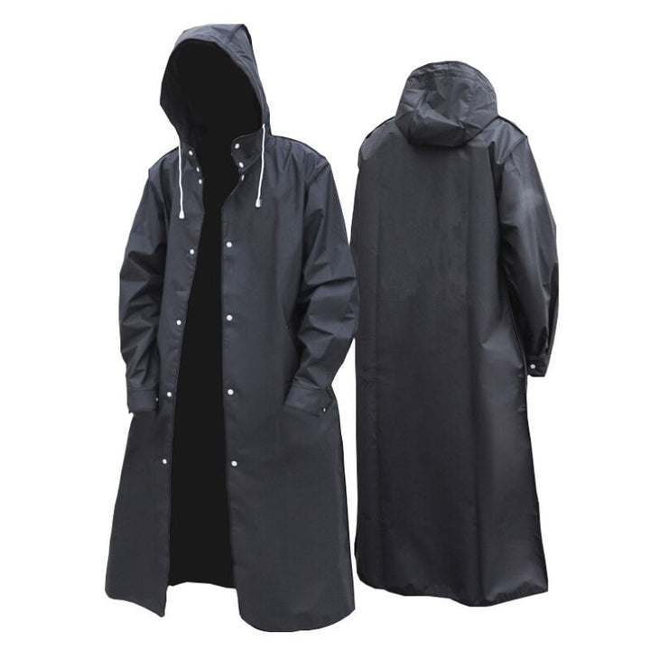 Stylish unisex long raincoat, waterproof & windproof for outdoor adventures & weather protection.