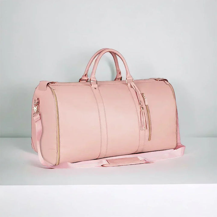 Wrinkle-free garment bag & duffel for travel. Unisex vegan leather carry-on, ideal for suits & dresses.