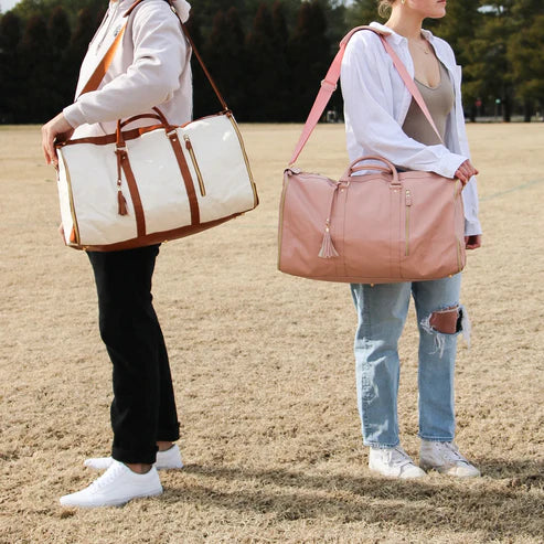 Luxury vegan leather travel duffel. Unisex wrinkle-free garment bag, perfect carry-on for stylish weekenders.