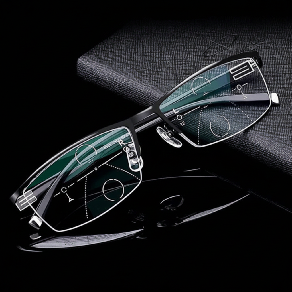 Smart unisex multifocal glasses with blue light & anti-glare protection, adaptive lenses for all-distance vision correction.