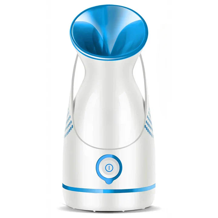 "Unisex nano-ionic skin rejuvenation steamer emits fine mist for deep hydration, suitable for all skin types, stylish design.