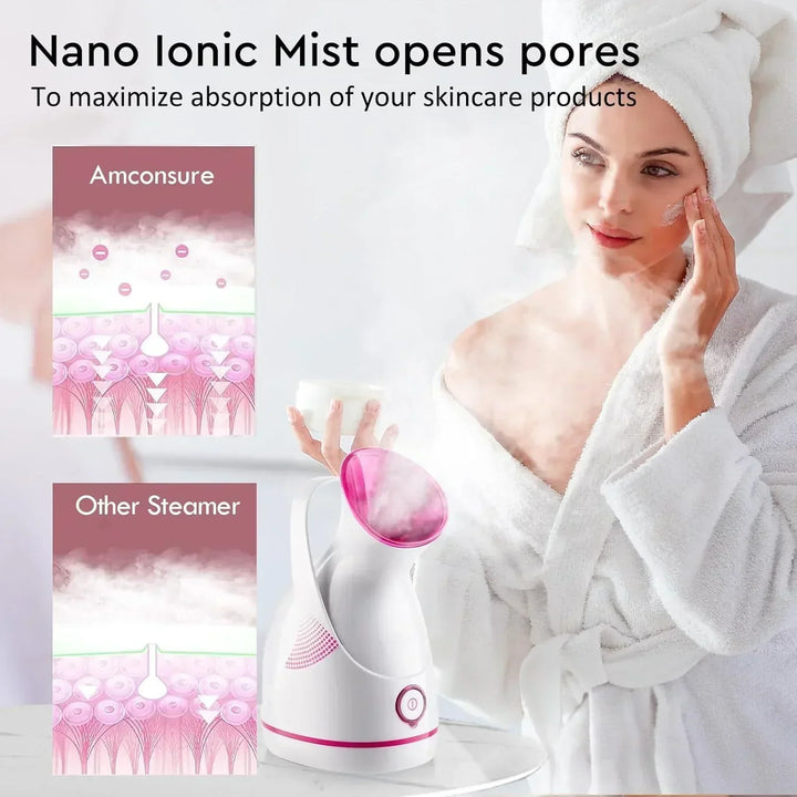 "Unisex nano-ionic skin rejuvenation steamer emits fine mist for deep hydration, suitable for all skin types, stylish design.