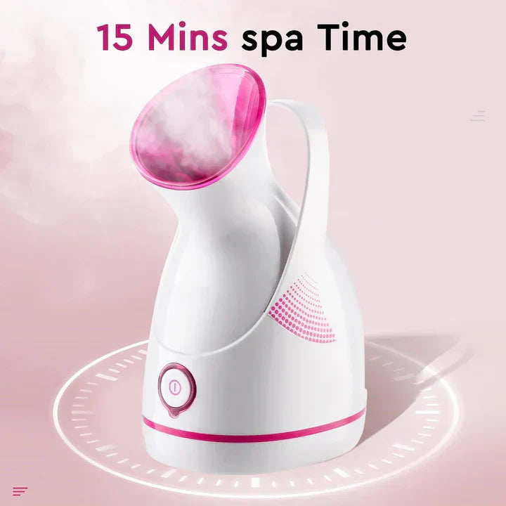 "Unisex nano-ionic skin rejuvenation steamer emits fine mist for deep hydration, suitable for all skin types, stylish design.