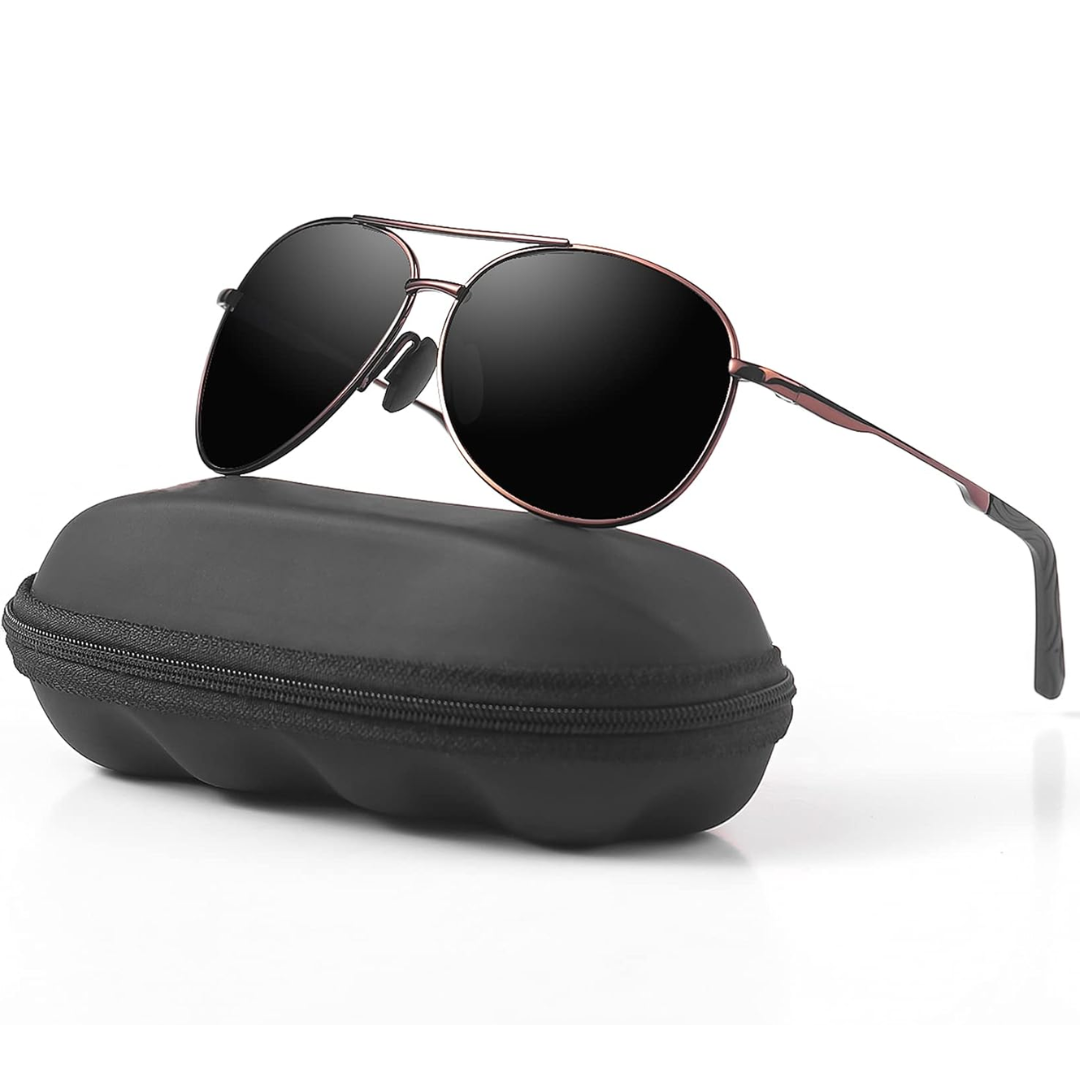 Sleek aviator sunglasses, polarized lenses enhance vision & protect against UV rays.