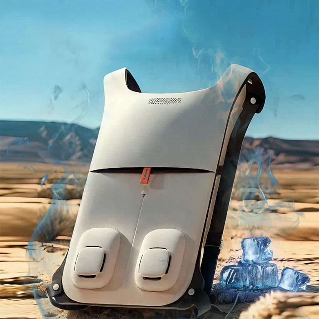 Portable fan cooling vest for outdoor activities & work, offering summer comfort & heat relief.