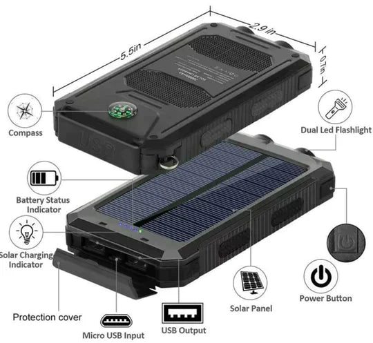 "Unisex portable solar power bank with IP67 waterproof, dual USB output, sleek design, ideal for outdoor adventures."