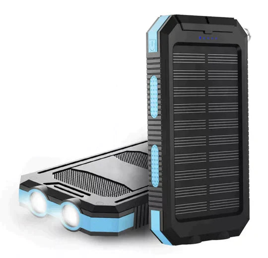 "Unisex portable solar power bank with IP67 waterproof, dual USB output, sleek design, ideal for outdoor adventures."